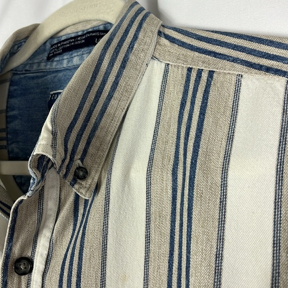 Coliseum Jeans striped short sleeve button down shirt Sz L taupe/blue/cream MEN - Picture 6 of 10